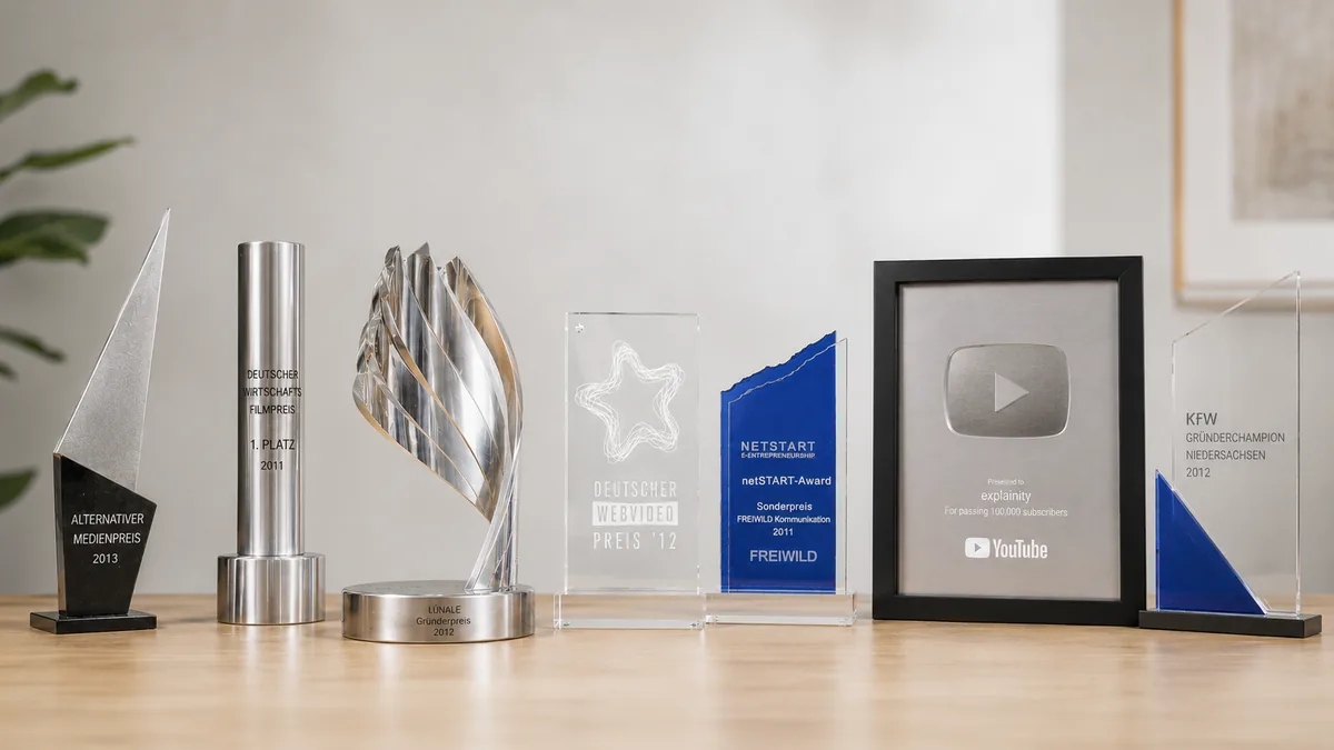 Preise und Auszeichnungen von explainity – u. a. Deutscher Wirtschaftsfilmpreis (1. Platz), Webvideopreis, YouTube Silver Creator Award